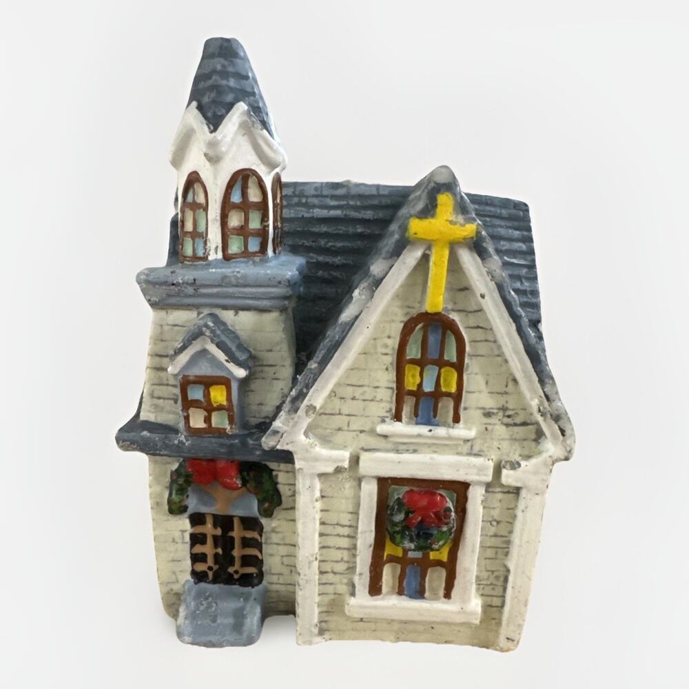 Vintage Old Thyme Christmas Village Church Shaped Wax Candle Unlit 6" Decor Blue